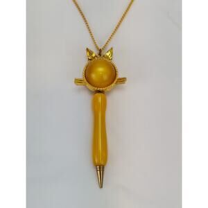 Yellow Lucite Cat Mid Century Retro Vtg Mechanical Pencil Necklace Gold Tone 24"